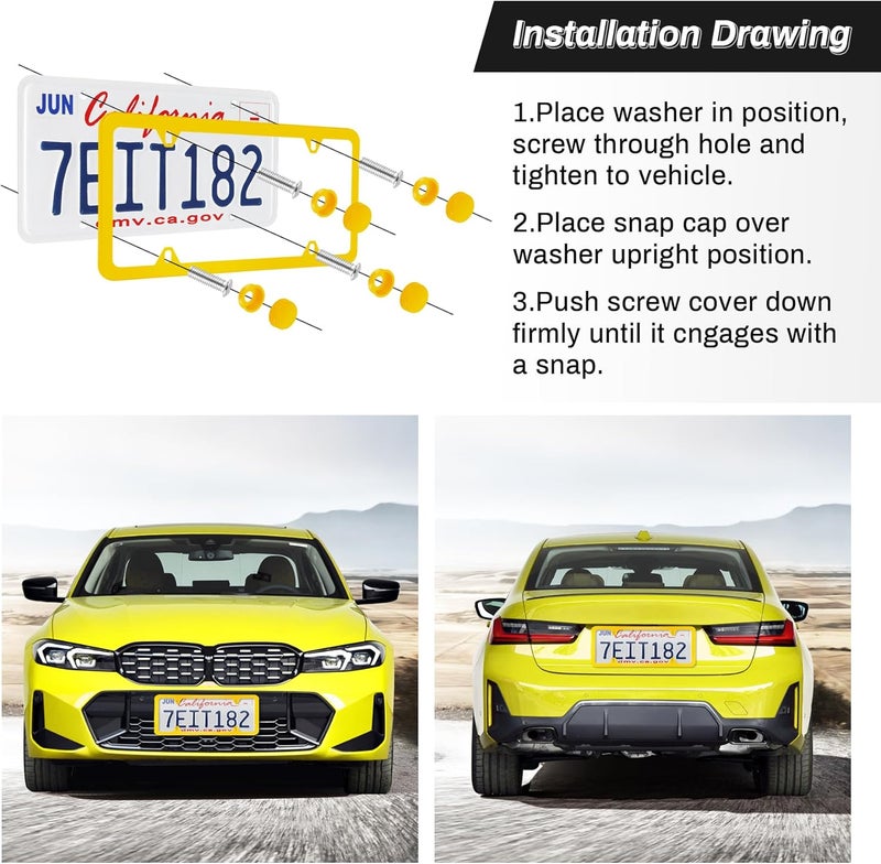 alpmosn 2PCS Stainless Steel License Plate Frames, 4 Holes Car Licence Plate Covers with Screws Washers and Caps, Car Exterior Accessories, License Plate Holder for US Vehicles (Yellow) - Image 4
